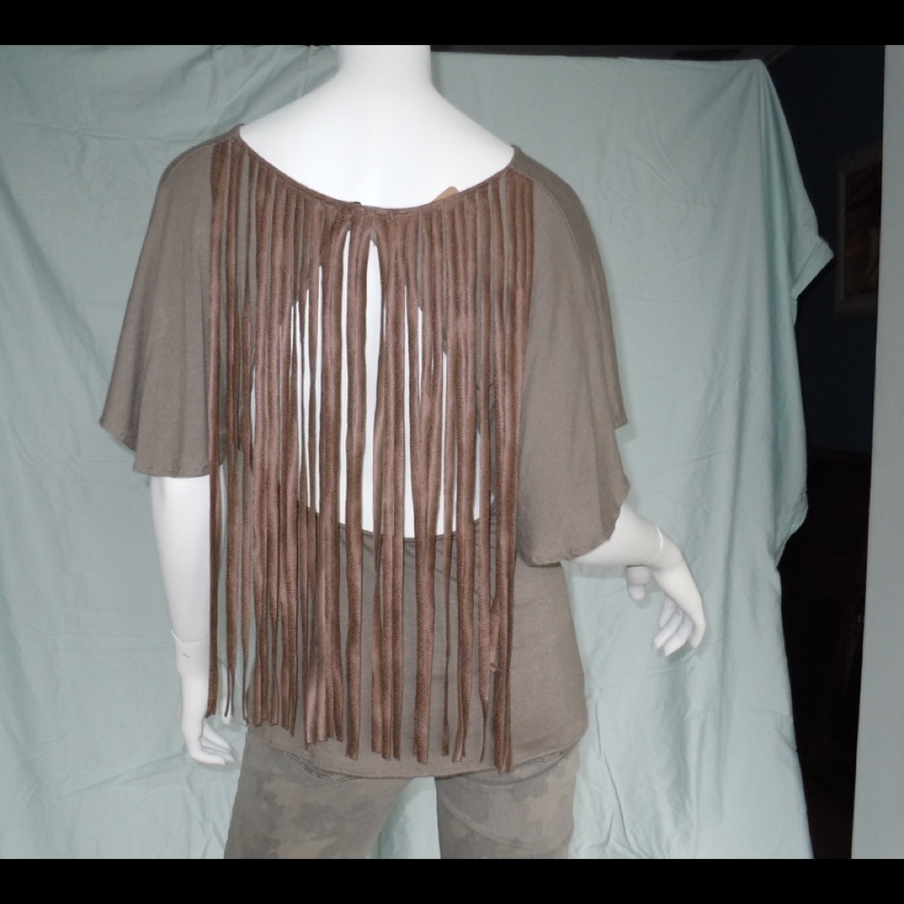 SS Top with Faux Leather Fringe Back, NWT, XS